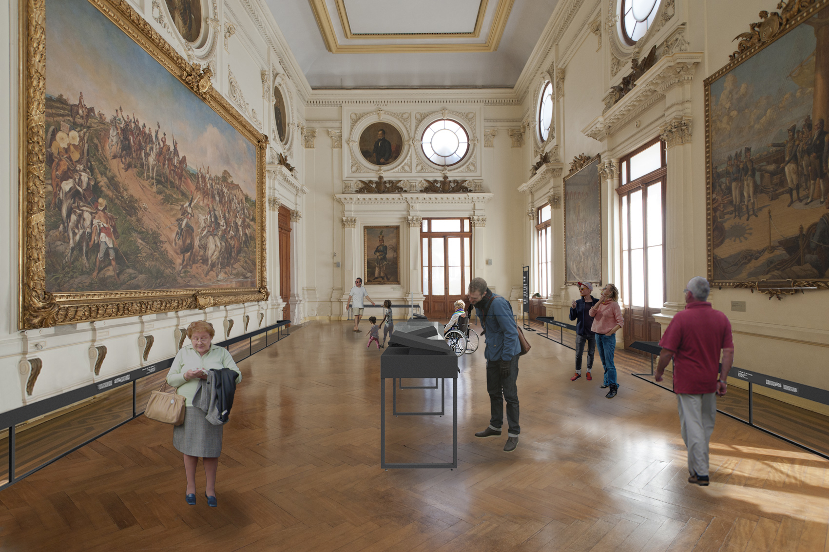 Audiodescrição: Foto de um grande salão. Nas paredes – à esquerda, à direita e ao fundo – há grandes pinturas, como o quadro “Independência ou Morte”. Homens, mulheres e crianças de diversas idades circulam pelo local. À esquerda há uma idosa que olha para um objeto que está nas mãos dela. Ao centro há um jovem que olha para uma pequena vitrine horizontal. À direita há um idoso que caminha em direção ao fundo do salão. No caminho, um homem e uma mulher estão parados, olhando para o quadro “Independência ou Morte” que está à esquerda. E, ao fundo, caminhando, estão: uma pessoa em cadeira de rodas, duas crianças de mãos dadas e um homem.